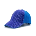 Close-up of sparkling blue rhinestones on the brim of a fashion baseball cap - Blue
