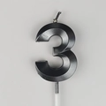 Matte black number 3 birthday candle with glitter finish and white support stand - Number 3 / Black and Gray