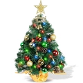 Close-up of decorated mini Christmas tree with LED lights, pinecones and ornaments - SYV505