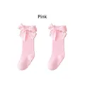 Pink infant high socks featuring large silk bows with gold edges on a white background - Size S (0-1 Years) / Pink