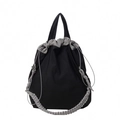 Große schwarz-graue Nylon-Eimertasche mit dickem geflochtenem Seilgriff und Kordelzug - Schwarz