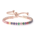 Detail of adjustable rainbow tennis bracelet with 3mm colorful zircons in rose gold tone - 3mm Rose Gold Round Rainbow Stone