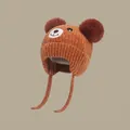 Warm brown knit baby winter hat with plush bear ears and windproof ear flaps - Chenille Bear Hat Caramel Color (for Ages 1-4)