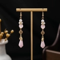 Pink beaded long tassel earrings with hollow flower and bamboo motifs in gold - Pink Flower Bud Pearl Long Style (E2717-2)