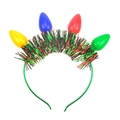 Dettaglio di lampadine di Natale colorate e festoni rossi e verdi sulla fascia verde - Fascia in Filato Multicolore