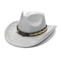 Glinsterende zilveren cowboyhoed met stierenkop embleem en een brede rand - M (56-58cm) / Zilver