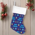 Calza blu di Hanukkah con stampa Happy Chanukah e stelle su sfondo effetto legno - Stile C-Viola Happy Chanukah Menorah Dreidel