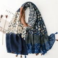 Ethnic paisley print shawl with tassels and geometric patterns for travel and photography - Navy Beige & Caramel Patchwork (SL2408-007)