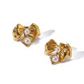 French vintage gold bow earrings with textured finish and white faux pearls in square frames - Double Pearl Textured Bow Style (NB-E1385)