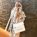 Mini leather Kelly bag keychain with balloon dog pendant heart carabiner white rope charm gift - White