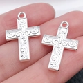 Pair of silver-finished alloy cross pendants with vintage embossed floral patterns for DIY - Patterned 22x15mm (1.4g)