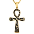 Gold Egyptian Ankh cross pendant necklace with hieroglyphic carvings and chain - Gold Pendant (KP97907-KJX)