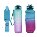 Detail view of gradient blue-purple water bottle with SBR protective sleeve and shoulder strap - Green Purple
