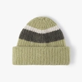 Thick wool blend striped beanie in green with grey and white bands and double cuff - Grass Green