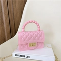 Pink PVC jelly bag with quilted pattern, beaded handle and golden chain shoulder strap - Pink