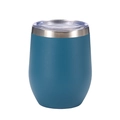 Detail of a deep blue vacuum insulated 12oz stainless steel wine tumbler with clear lid - Teal