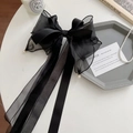 Elegant large black bow hair clip with mesh ribbon and pearl tassels in French style - Black