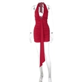Detail of red sleeveless halter dress with deep V-neck, long sash and ruched bodycon fit - S / Red