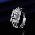 Adjustable silver men's ring with a round center moissanite stone and side diamonds - White Gold [1 Carat] Ljz-46 / Adjustable Open