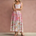 Floral print sleeveless maxi dress with tiered skirt and adjustable straps in pink - S / Pink
