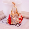 Red enamel flower handbag keychain with gold plating and sparkling crystal rhinestones - Red