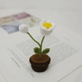 Handmade crochet potted white flower with yellow center and green leaves - Lily of the Valley Pot
