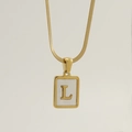 Gold stainless steel snake chain necklace featuring a square white shell letter L pendant - Letter L