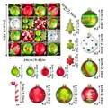 Red and green 16-piece Christmas ball ornament set with sizes and quantities display - MJXK-19GLQ Grinch Style