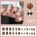 Mocha brown checkerboard press-on nails set with vintage plaid and pearl accents - Mocha Brown Checkerboard Pearl Style (A3017) / 24 Pieces with Glue
