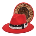 Detail view of red fedora hat featuring leopard print lining and pearl rhinestone band - M (56-58cm) / Red