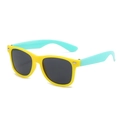 Kids colorful sunglasses featuring a yellow frame and mint green temples with silver rivets - Yellow Frame Green Temple/Grey Lens