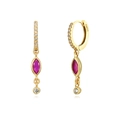 Close-up of gold S925 earrings with marquise ruby gemstone and sparkling white zircon - Rose Red (Gold Plated)