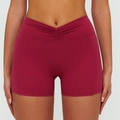 Burgunderfarbene Yoga-Shorts mit hoher Taille, V-Bund und gerafftem Detail für Damen - S / Kirschrot