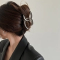Silver metal large claw clip shown on woman hair in a minimalist y2k updo hairstyle - Gunmetal Minimalist Style (FJ1185)