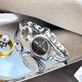 Silver horsebit bracelet watch with black oval dial and Roman numerals for women - Silver Case Black Dial