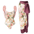 Women floral swimsuit set with 3D flower straps and matching beach wrap skirt - S / Applique One-Piece Set