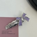 Purple bow hair clip with silver metal base on a soft pink paper card background - Silver/Purple-Enamel Bow