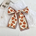 Floral silk hair ribbon in cream with orange flowers and green leaves bow style - Orange Small Floral
