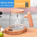 Transparent 400ml automatic stirring coffee glass with wood grain base and battery power - Wood Grain - Clear White (Battery Model) + USB Cup Warmer