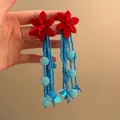 Detail of handmade resin flower earrings with long blue beaded tassels and sequins - 14# 925 Sterling Silver Earring Post - Red/Blue - Bohemian Flower Sphere Tassel Earrings