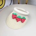 Kids straw sun visor featuring cute red strawberry ornaments and striped elastic band - 50-52CM / Strawberry / Beige