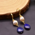 Lapis lazuli and freshwater pearl drop earrings with handmade gold wire wrapping - Lapis Lazuli Pearl Earrings