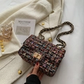 Classic tweed crossbody bag with multi-color weave pattern and gold chain strap - Black