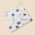 Soft white cotton muslin baby square towel with blue floral print and hanging loop - 23x23cm / Blue Dandelion
