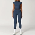 Set yoga blu grigio da donna con top corto e leggings a vita alta in tessuto spazzolato - Taglia S / Top E Pantaloni / Manica Corta + Leggings / Blu Navy