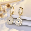Golden Evil Eye hoop earrings with blue center stone and white zircon pave setting - Eye (NN375)