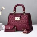 Elegant wine red quilted handbag with matching small pouch and detachable strap - Burgundy