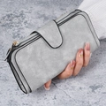 Gray long buckle wallet for women with faux suede texture and sleek black piping detail - Gray