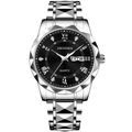 Men's silver quartz watch with black dial, roman numerals and luminous dual calendar - Silver Band Black Dial Men