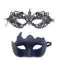 Detail of a black lace phoenix mask and a glittery scroll mask for masquerade parties - Black Ox Horn Mask + Black Lace Pointed Mask